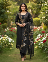 Black Muslin Beautifully Embroidered Straight Suit Set