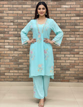 Sky Blue Mul Cotton Embroidered Coord Set