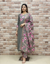 Office-Wear Cotton Suit With Floral Print Pant And Dupatta