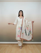 Elegant Linen Suit Set With Beautiful Knot Work Embroidery On Shirt And Dupatta