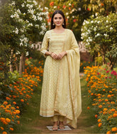 Butter Yellow Floral Print Cotton Anarkali Suit Set