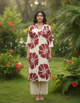Off-White And Maroon Floral Print Cotton Coord Set