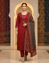 Maroon With Black Detailing And Ajrakh Print Dupatta Cotton Suit For Women