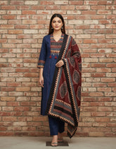 Blue Cotton Ajrakh Print Suit With Printed Dupatta