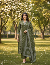 Green Batik Print Designer Cotton Suit Set For Women