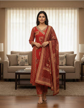 Brown Ajrakh Print Angrakha Style Printed Cotton Suit