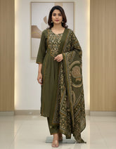 Mehndi A-Line Embroidered Cotton Suit With Printed Dupatta