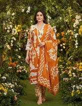 Designer Cotton Ikkat Print Straight Kurta Set with Scalloped Lace Borders
