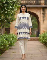Women's Off-White Coord Set with Navy Blue Resham Embroidery
