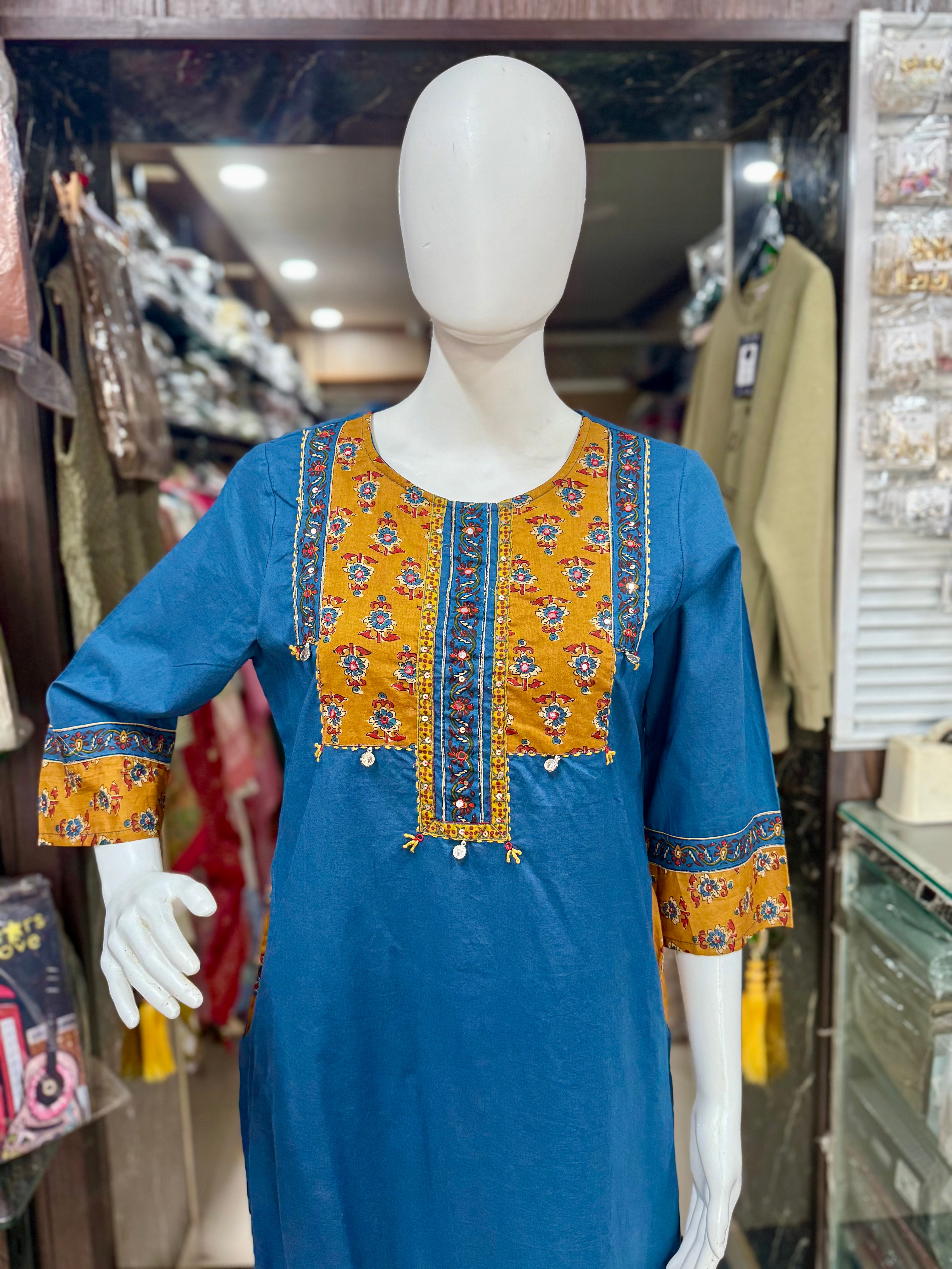 Blue Color Cotton Suit With Stylish Pockets And Printed Dupatta