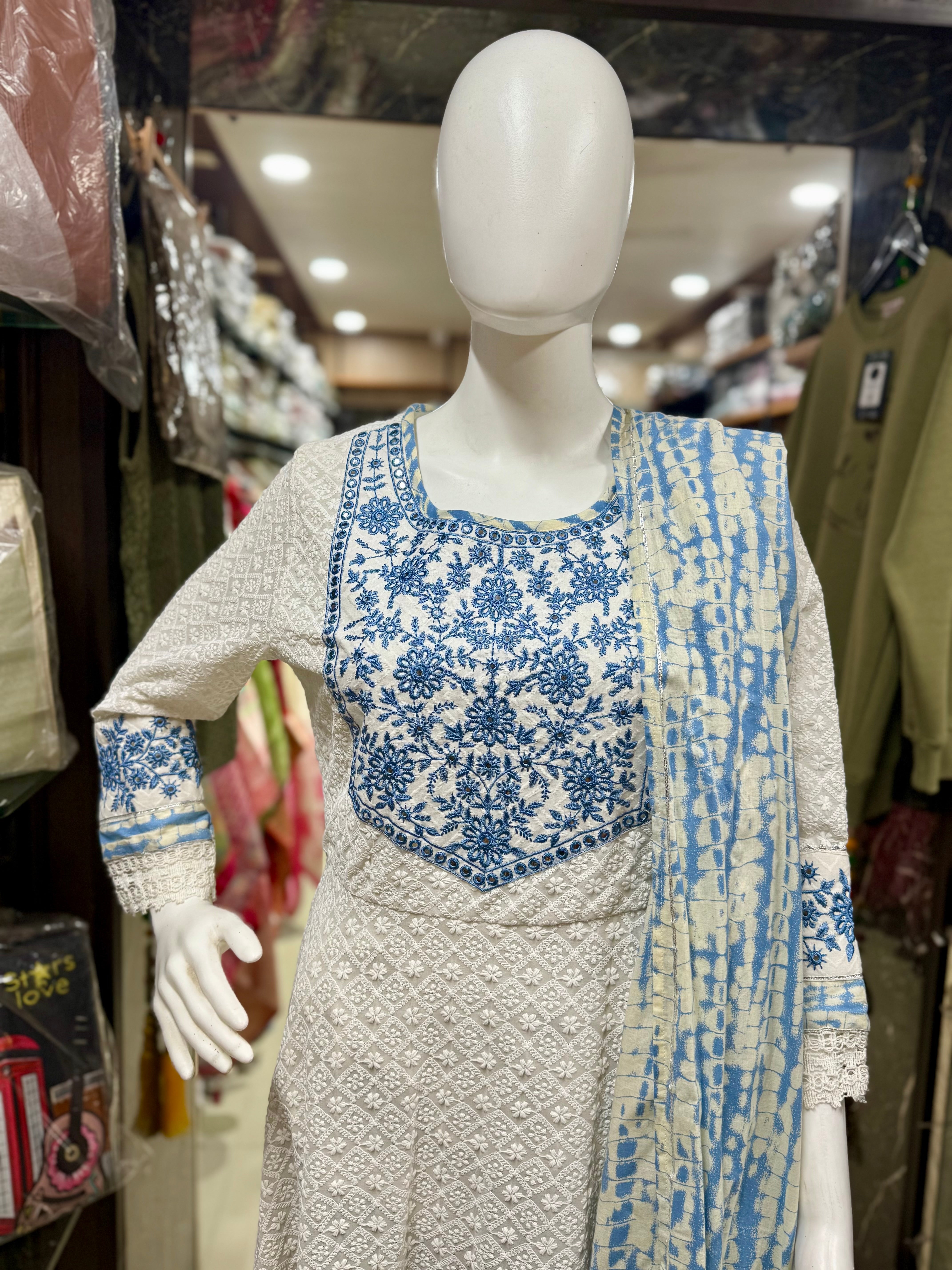 Elegant Moon White Cotton Chikankari Anarkali Suit Set