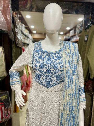 Elegant Moon White Cotton Chikankari Anarkali Suit Set
