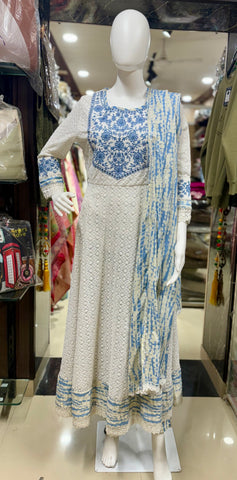 Elegant Moon White Cotton Chikankari Anarkali Suit Set