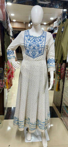 Elegant Moon White Cotton Chikankari Anarkali Suit Set