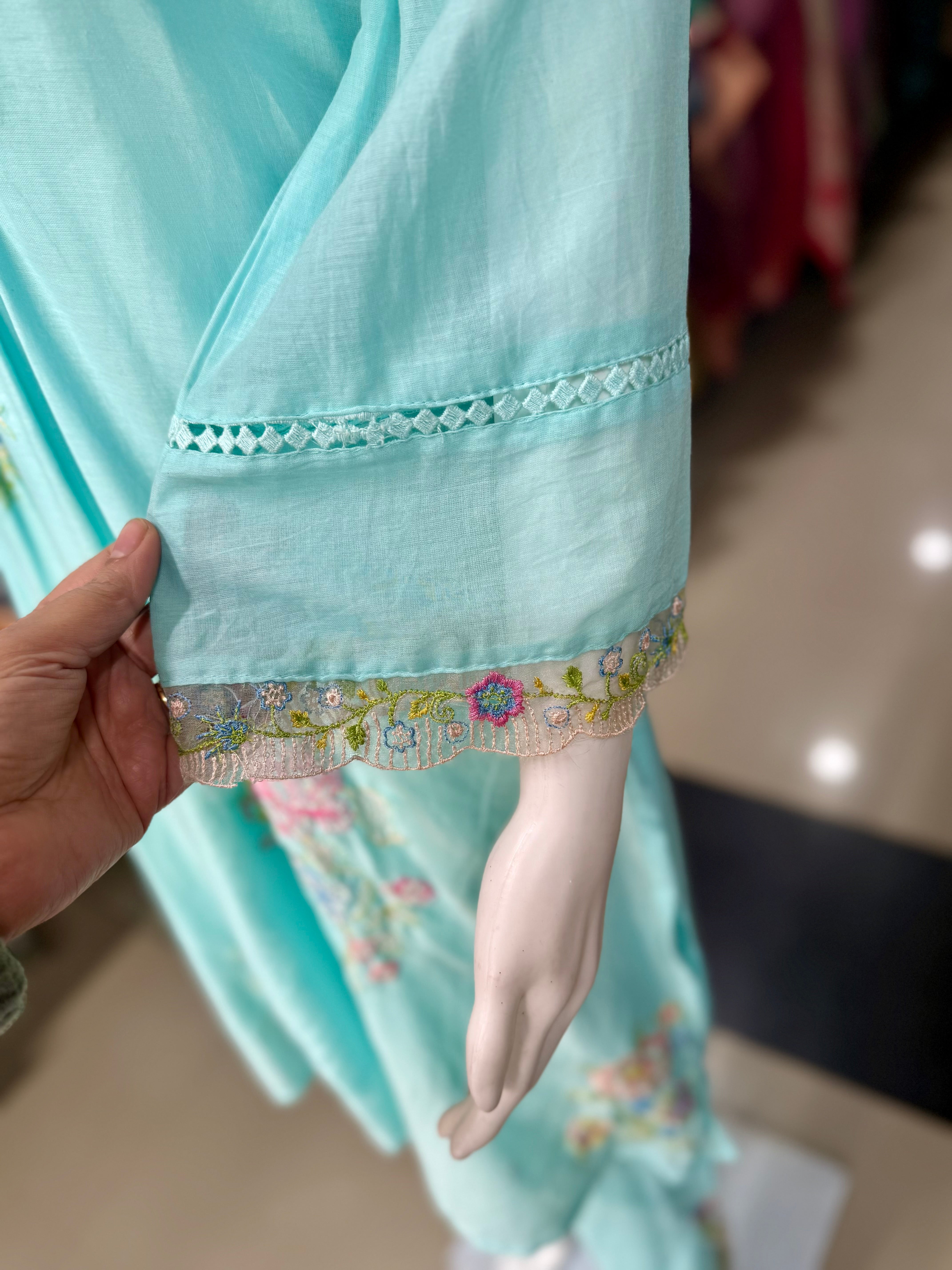Sky Blue Mul Cotton Embroidered Coord Set