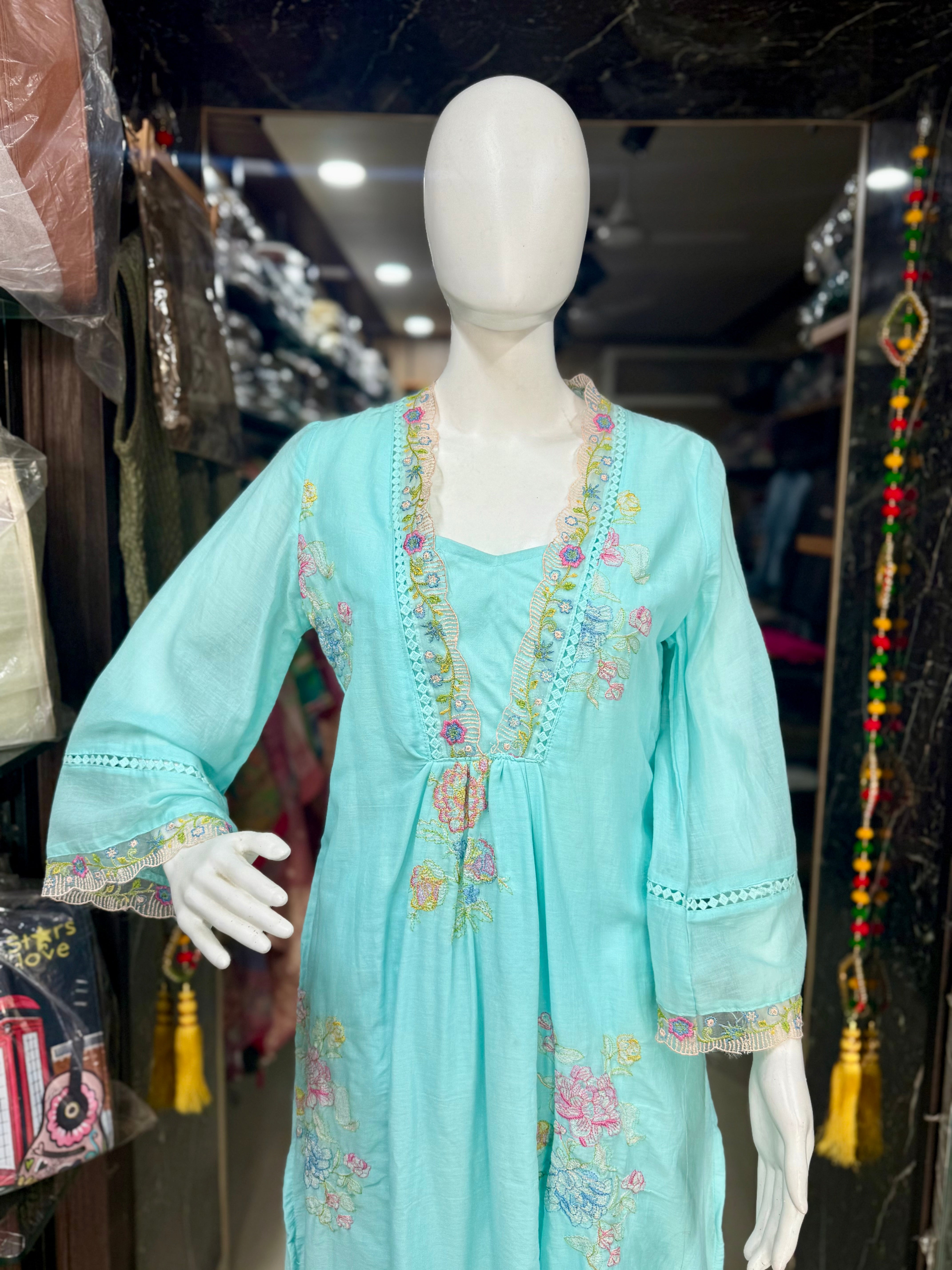 Sky Blue Mul Cotton Embroidered Coord Set