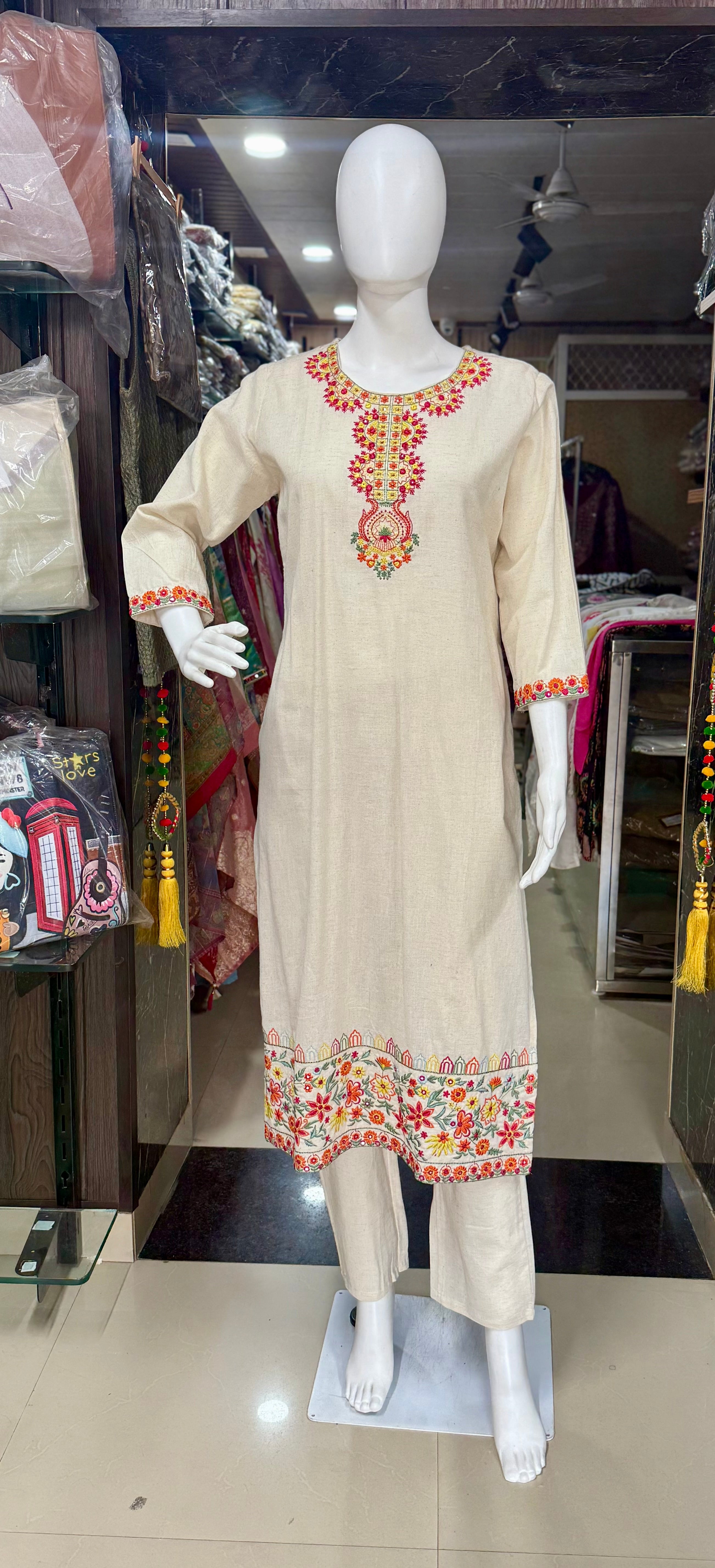 Off-White Fully Embroidered Cotton Suit For Women