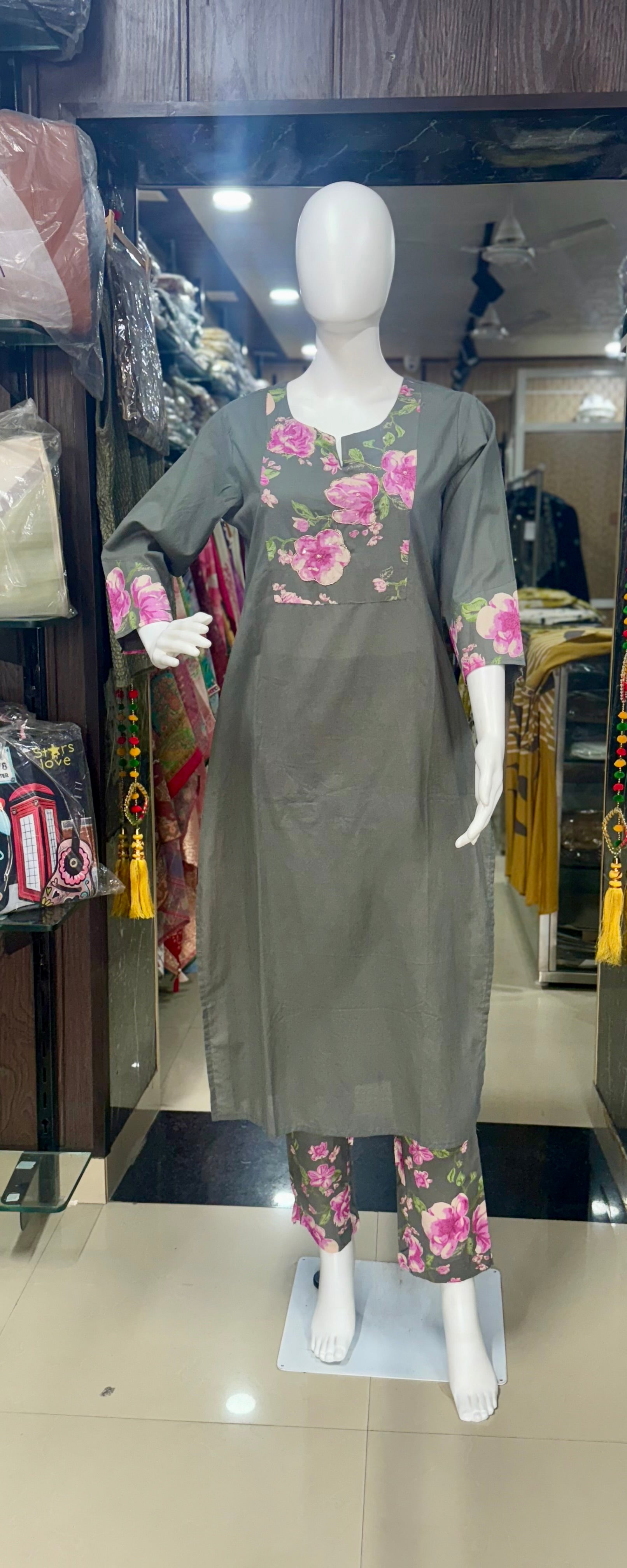 Office-Wear Cotton Suit With Floral Print Pant And Dupatta