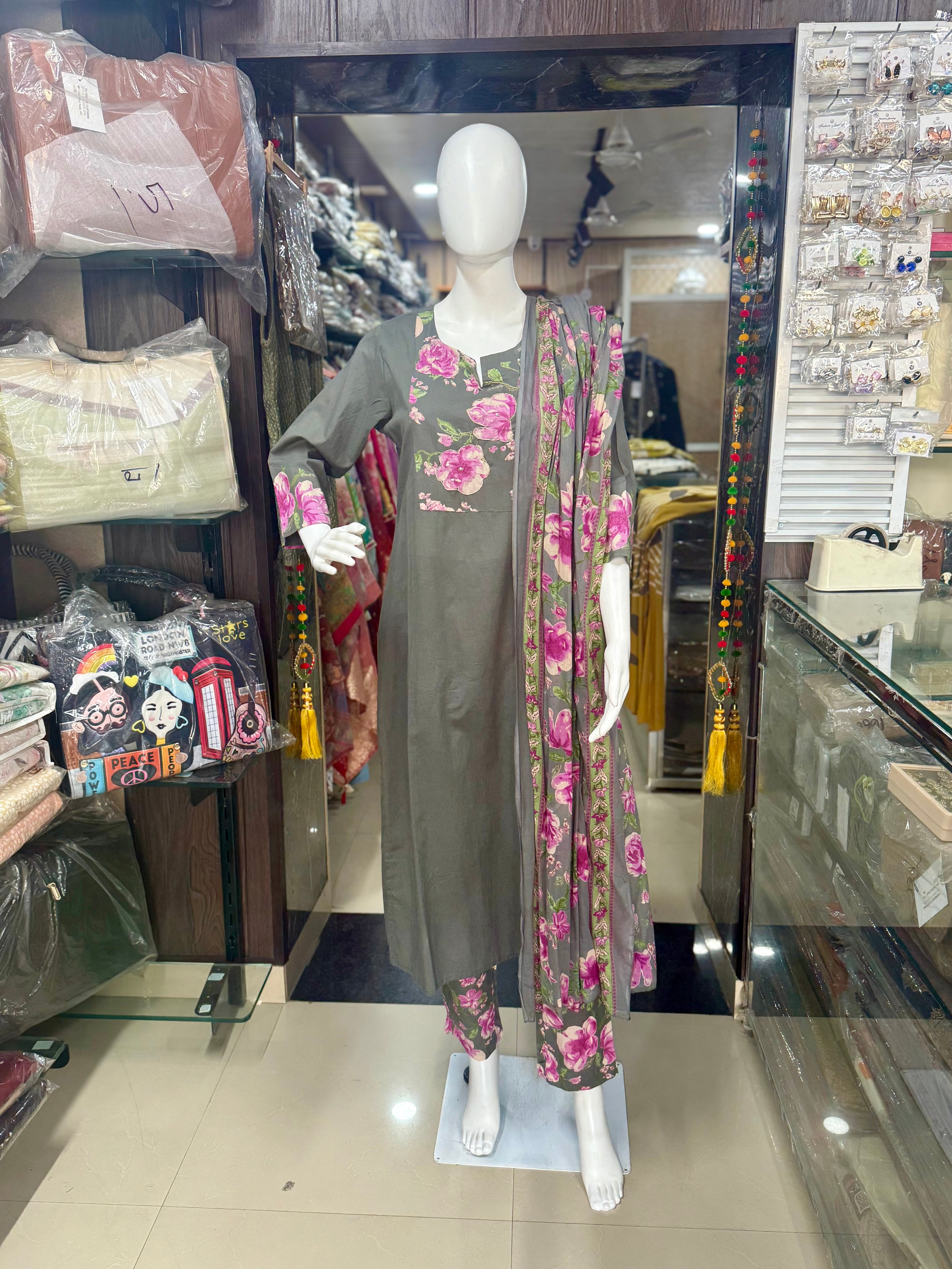 Office-Wear Cotton Suit With Floral Print Pant And Dupatta