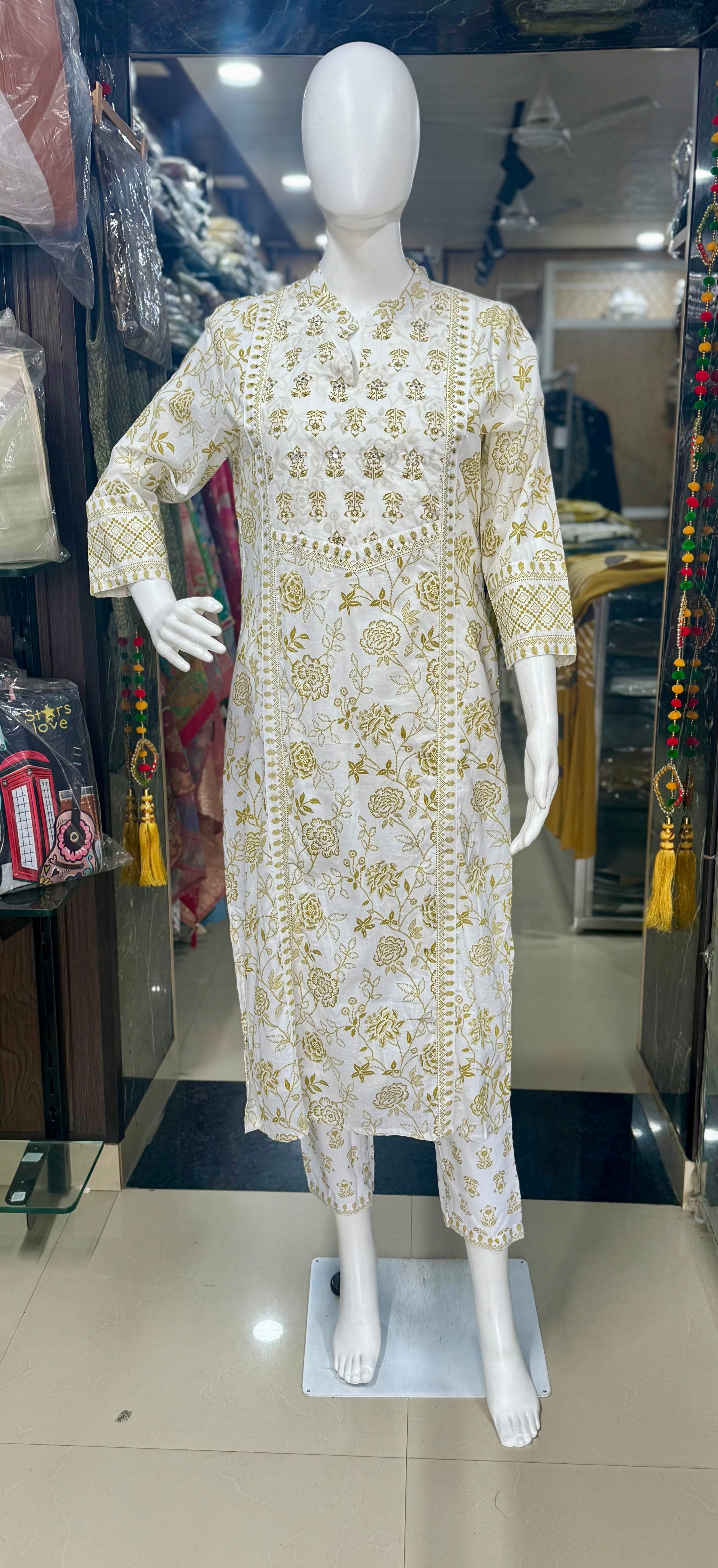 Cotton Office Wear Suit In Chinese Collar With Straight Pant And Printed Dupatta
