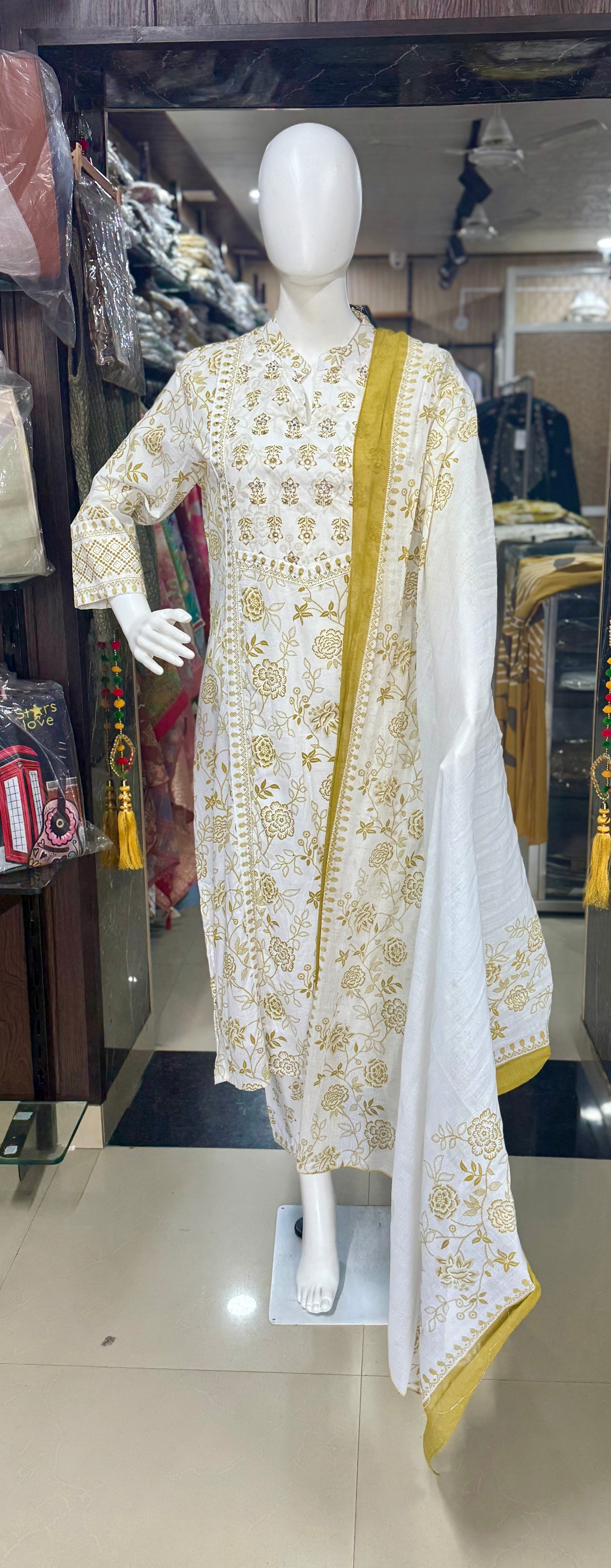 Cotton Office Wear Suit In Chinese Collar With Straight Pant And Printed Dupatta