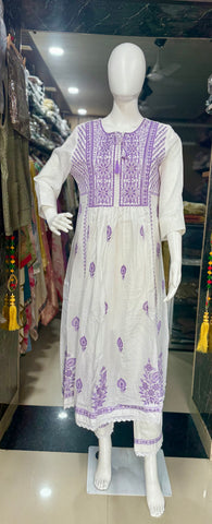 White And Mauve Mul Cotton Embroidered Anarkali Suit