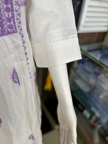 White And Mauve Mul Cotton Embroidered Anarkali Suit
