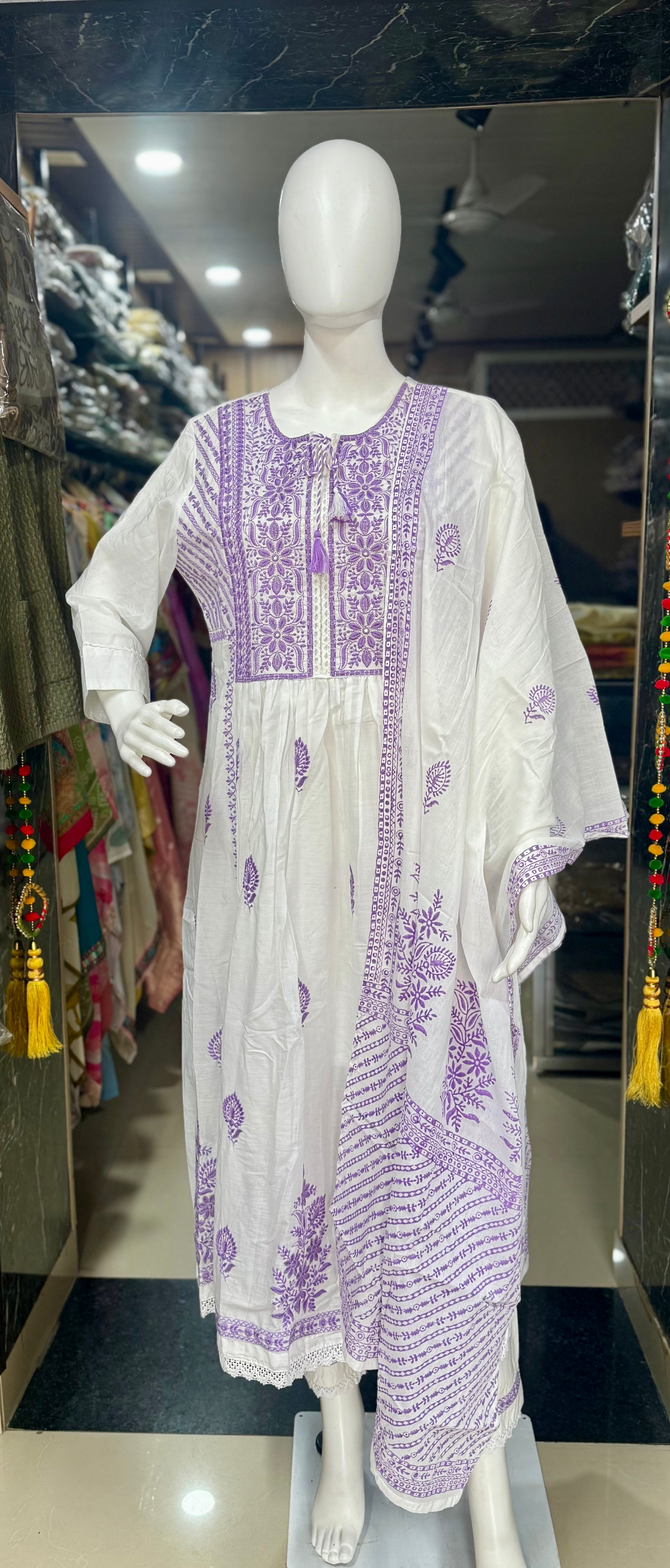 White And Mauve Mul Cotton Embroidered Anarkali Suit
