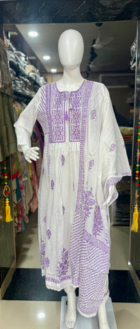 White And Mauve Mul Cotton Embroidered Anarkali Suit