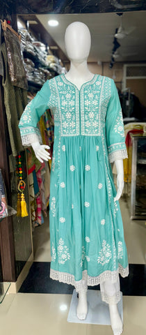 Elegant Lucknowi Chikankari Anarkali Suit With Kota Doriya Dupatta