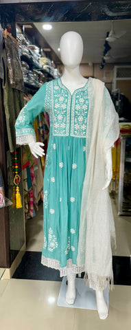 Elegant Lucknowi Chikankari Anarkali Suit With Kota Doriya Dupatta