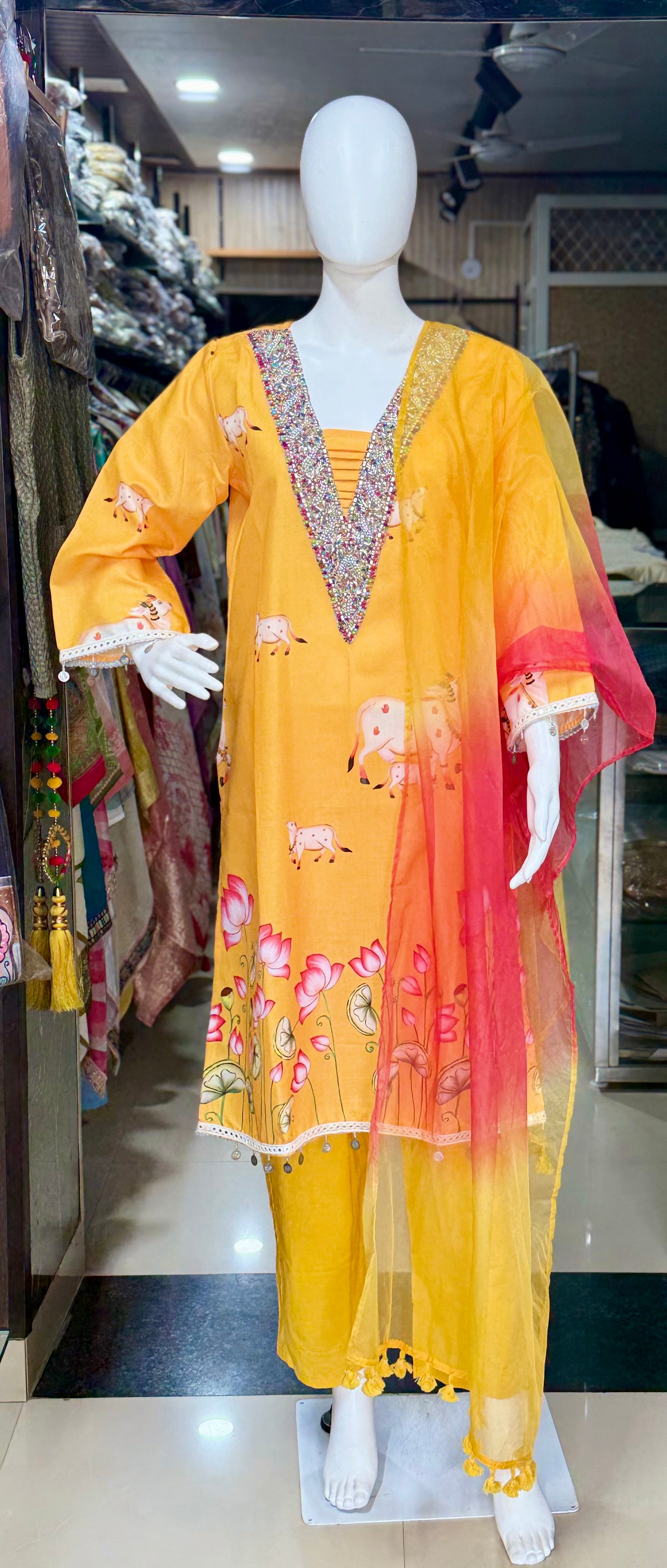 Yellow Premium Cotton Designer Suit With Beautiful Lace And Ginni Work
