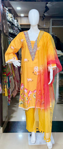 Yellow Premium Cotton Designer Suit With Beautiful Lace And Ginni Work