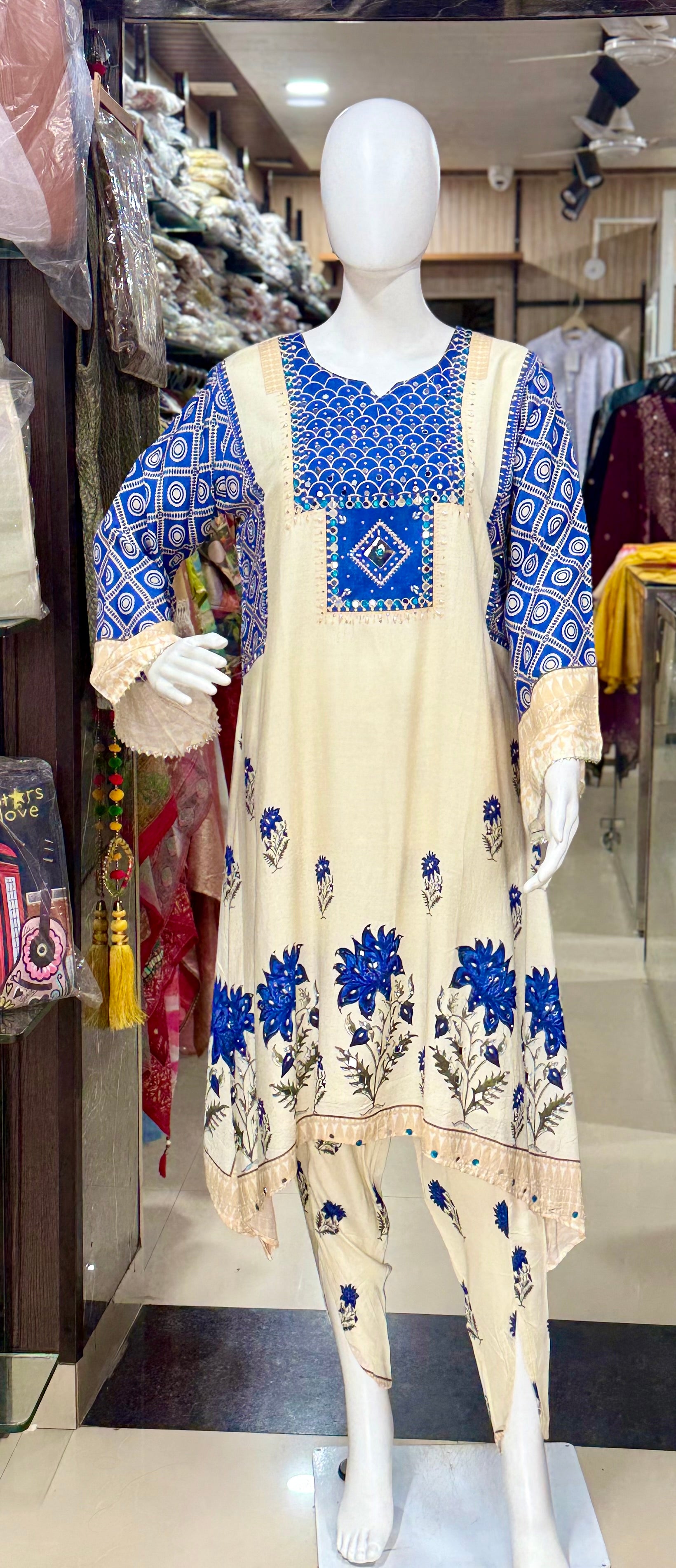 Cream And Blue Muslin Party Wear 2-Piece Suit With Mirror Work And Tulip Pants