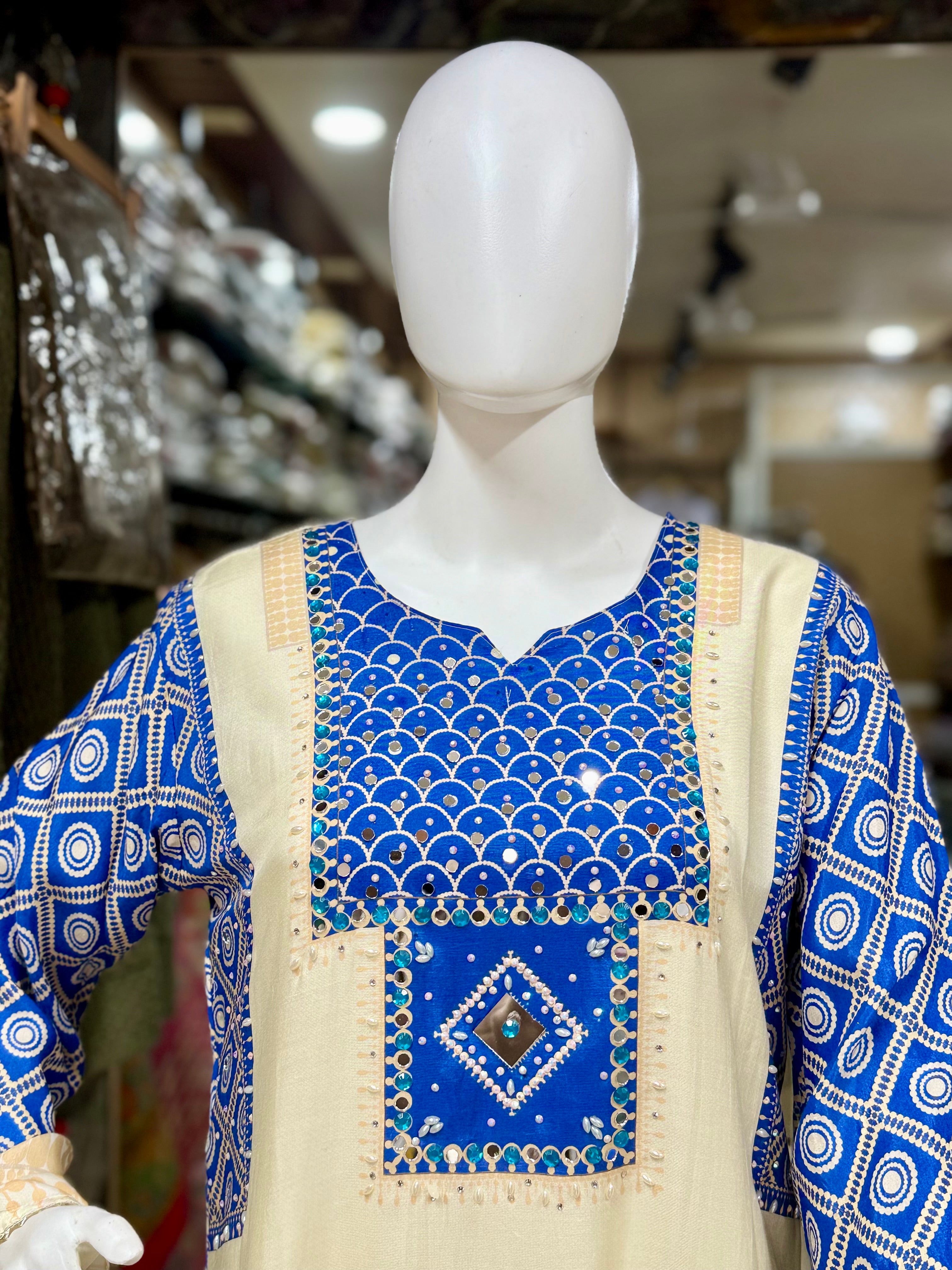 Cream And Blue Muslin Party Wear 2-Piece Suit With Mirror Work And Tulip Pants