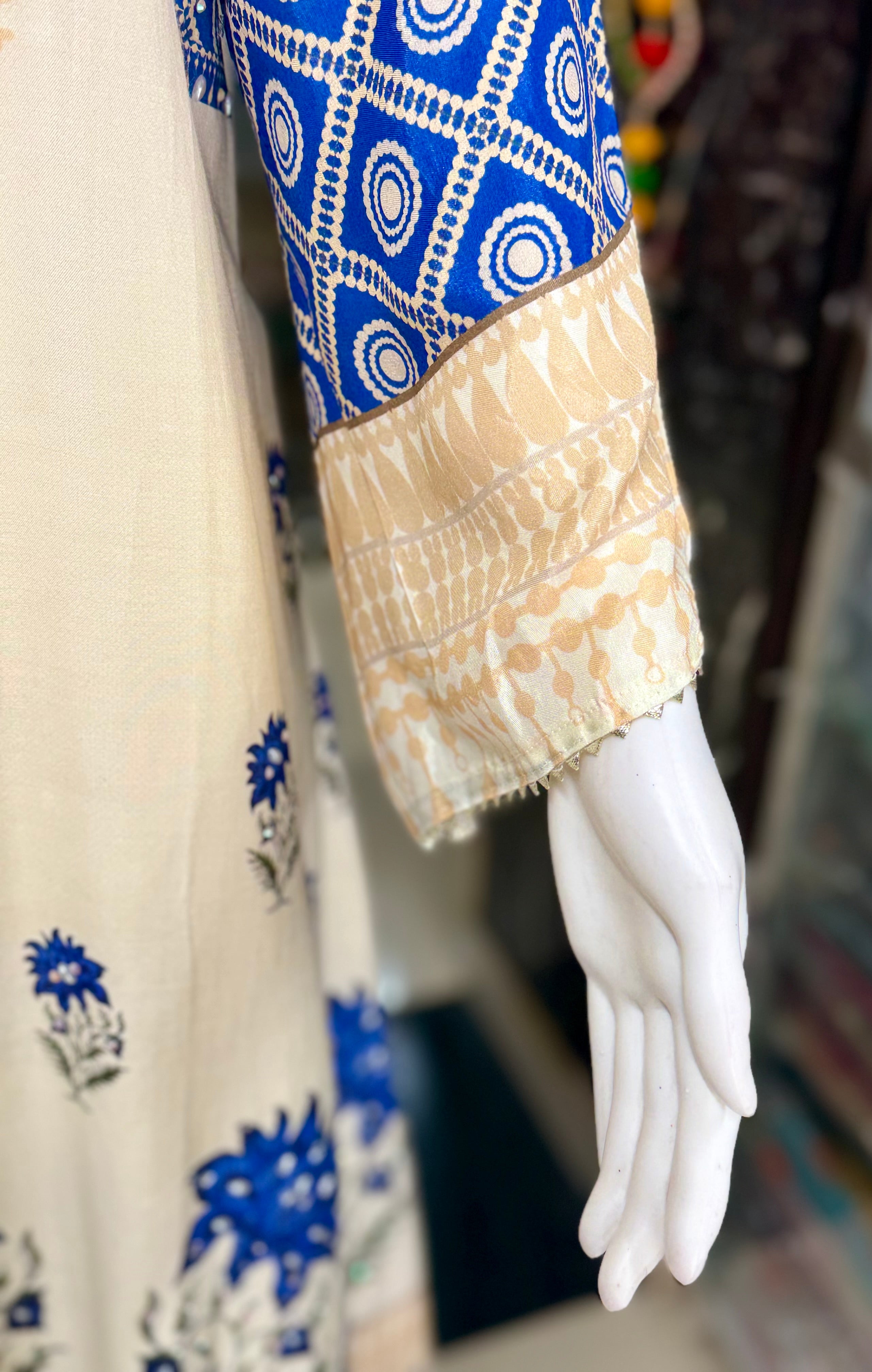 Cream And Blue Muslin Party Wear 2-Piece Suit With Mirror Work And Tulip Pants