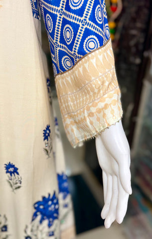 Cream And Blue Muslin Party Wear 2-Piece Suit With Mirror Work And Tulip Pants