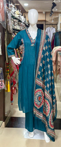 Teal Blue Cotton Suit Set With Stylish Pockets And Printed Dupatta