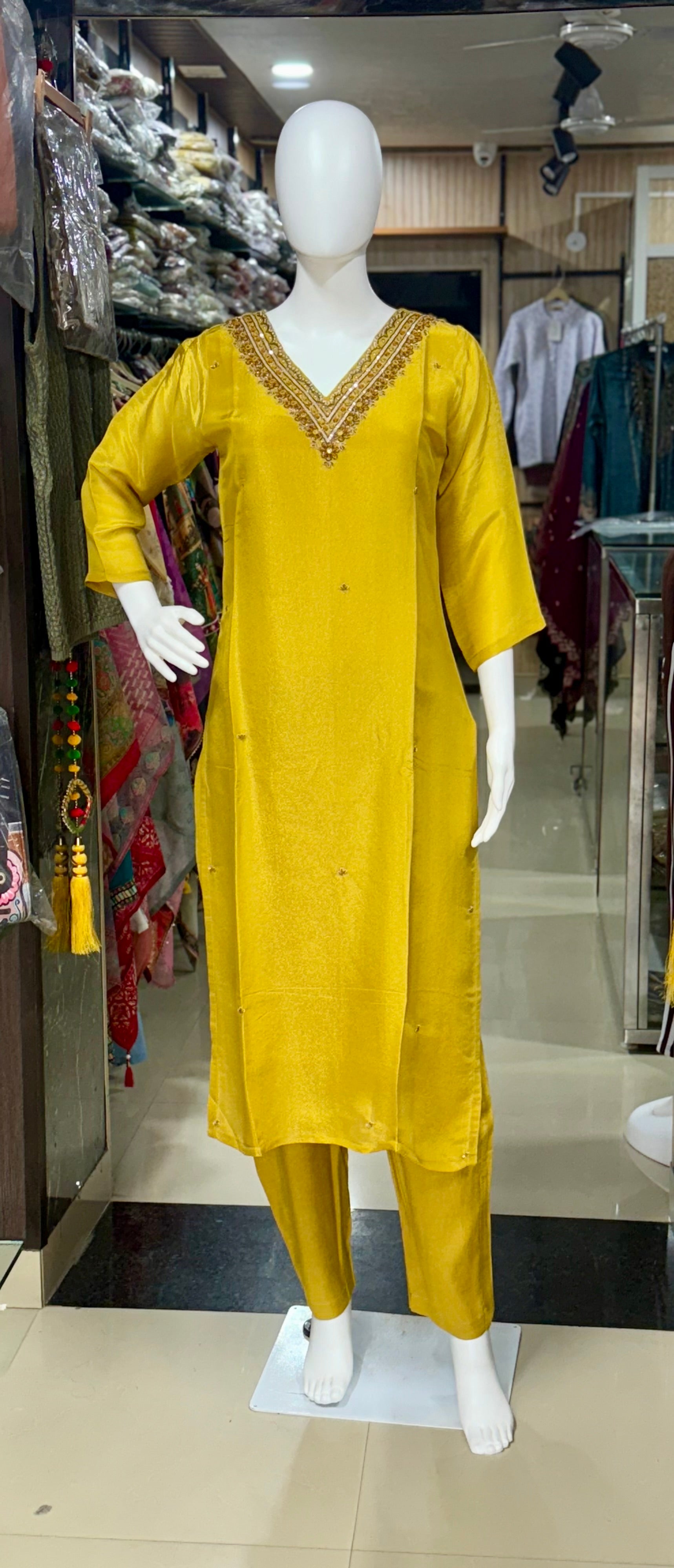 Mustard Yellow Shimmer Silk Suit With Heavy Banarasi Dupatta