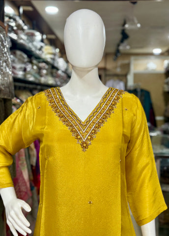 Mustard Yellow Shimmer Silk Suit With Heavy Banarasi Dupatta