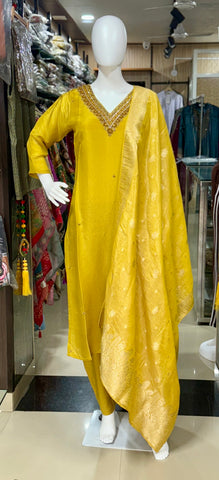 Mustard Yellow Shimmer Silk Suit With Heavy Banarasi Dupatta