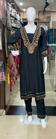 Black Muslin Beautifully Embroidered Straight Suit Set