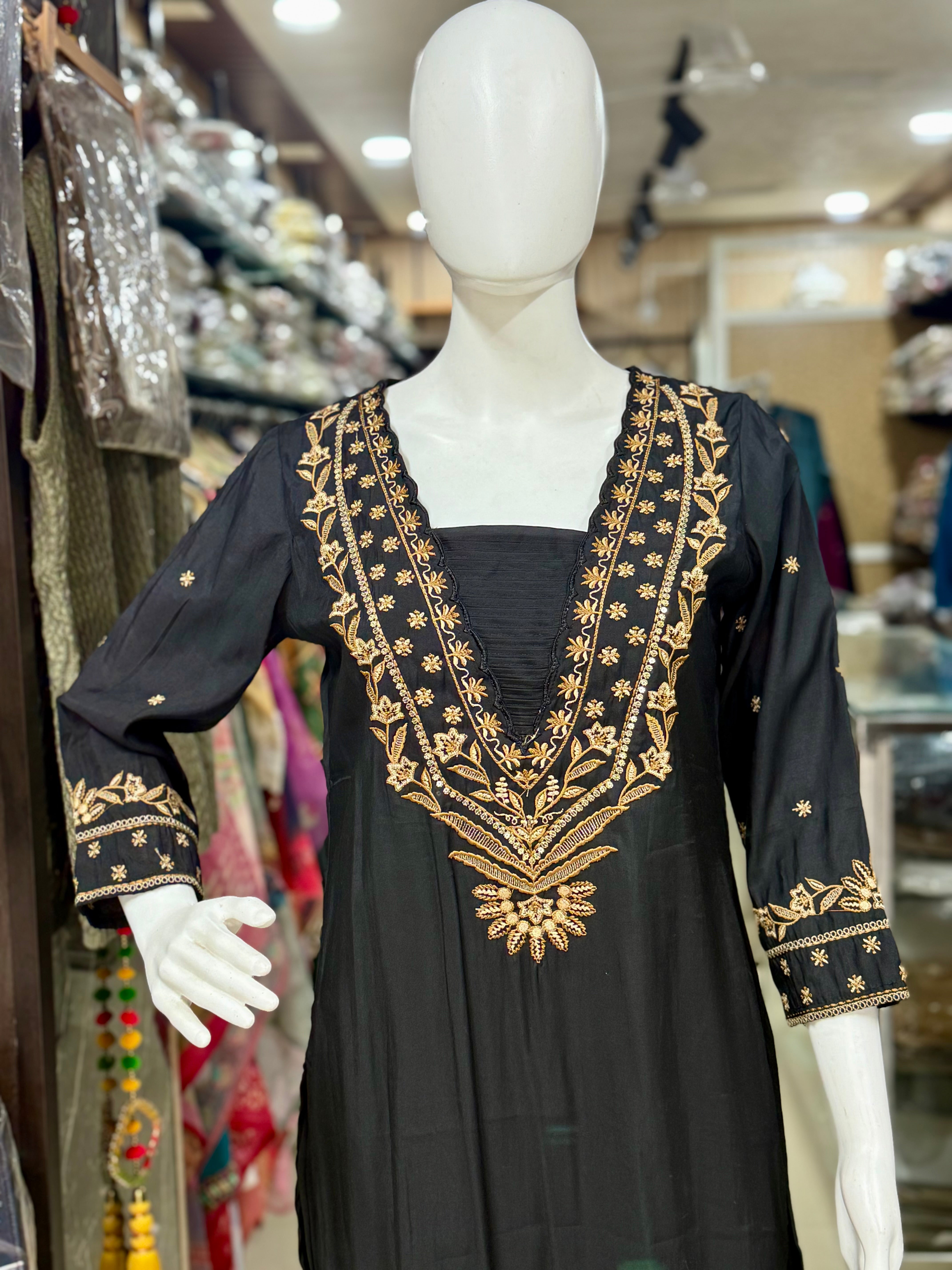 Black Muslin Beautifully Embroidered Straight Suit Set