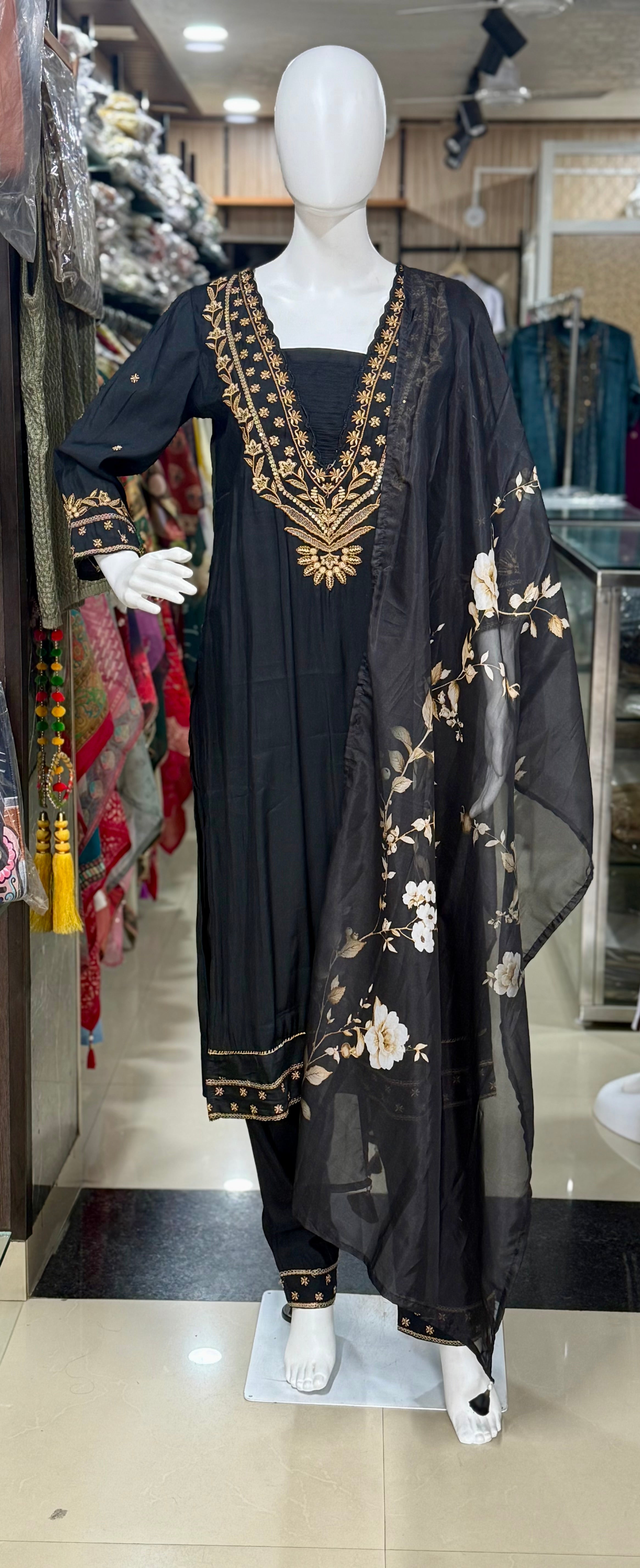 Black Muslin Beautifully Embroidered Straight Suit Set
