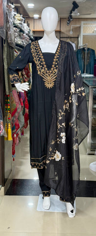 Black Muslin Beautifully Embroidered Straight Suit Set
