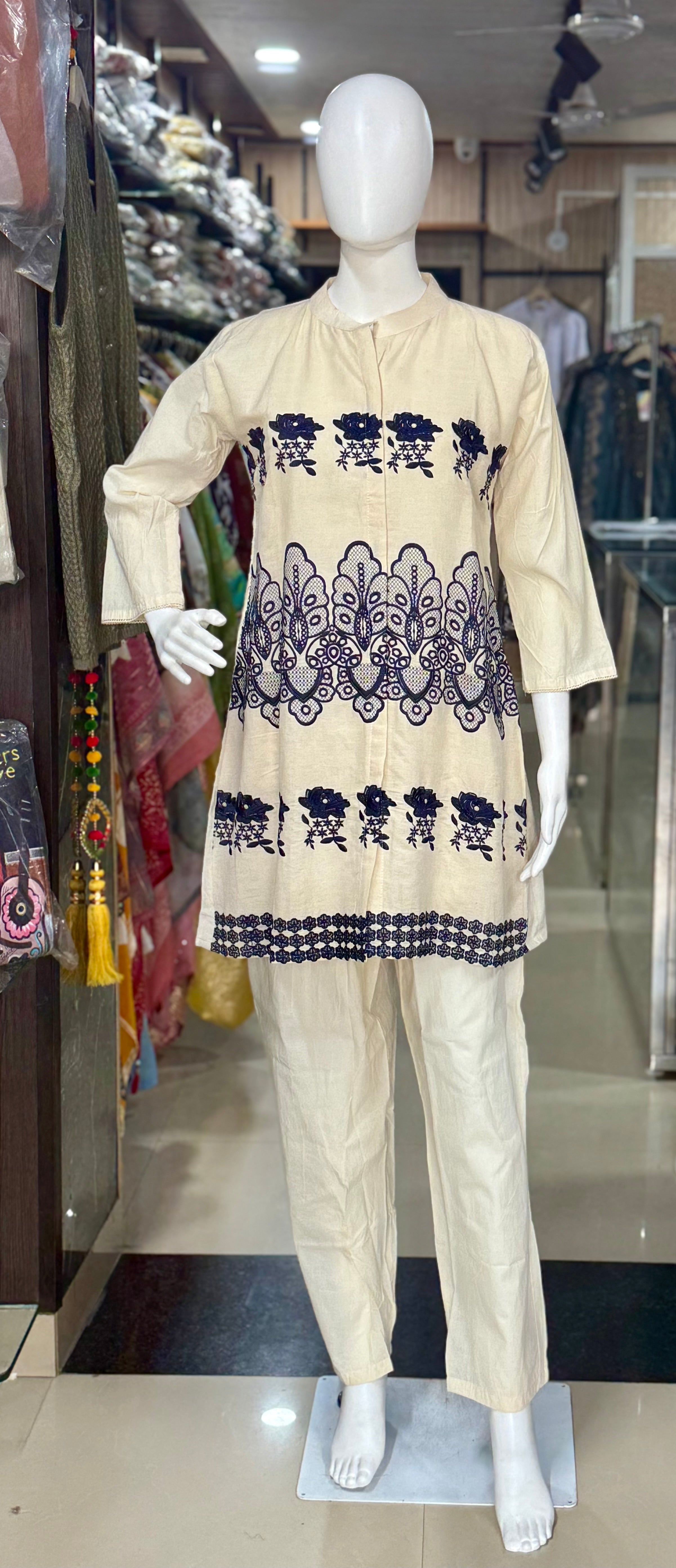 Women's Off-White Coord Set with Navy Blue Resham Embroidery