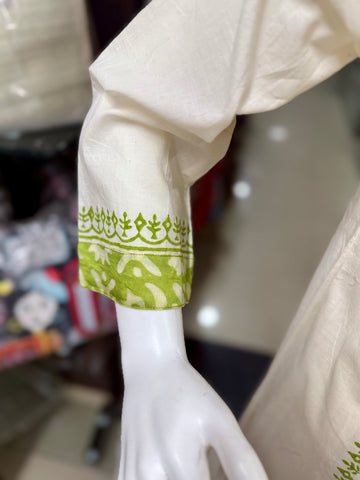 Off-White & Lime Green Printed Cotton Suit With Dupatta for Women
