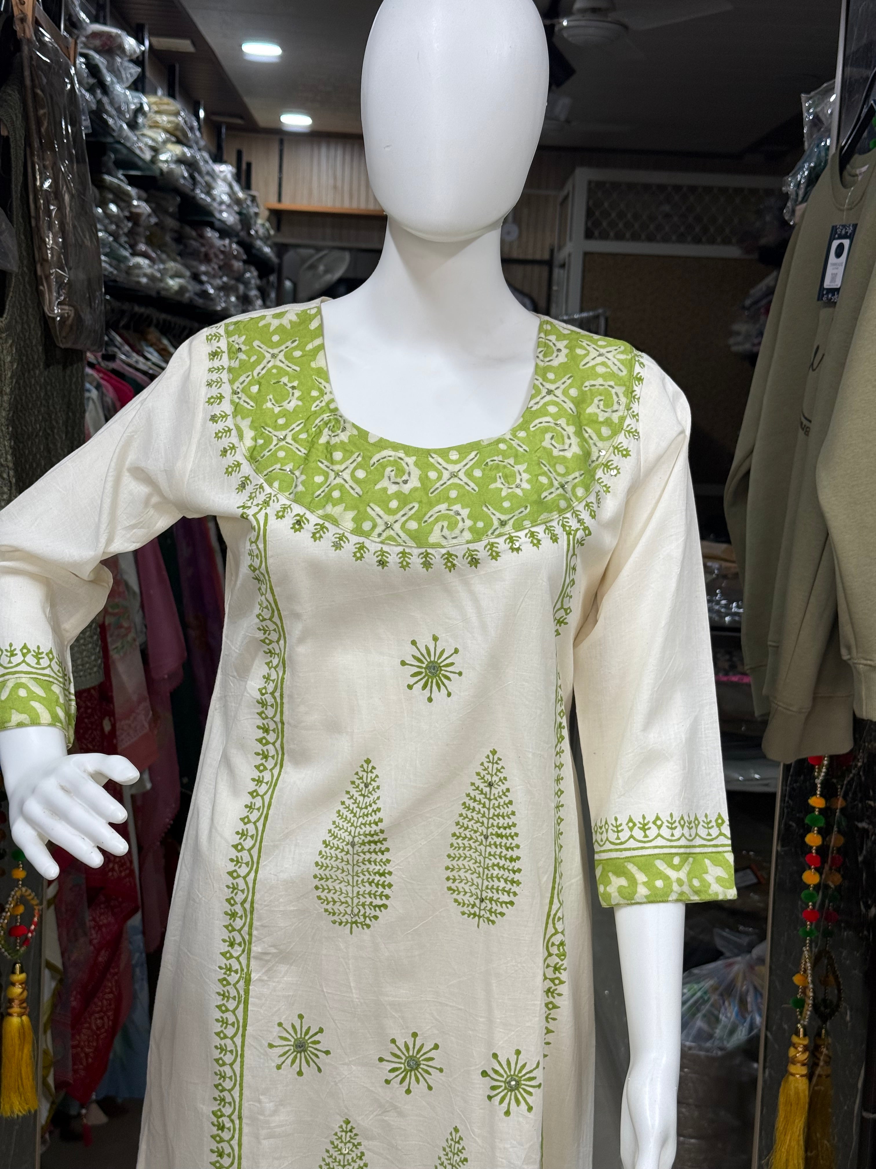 Off-White & Lime Green Printed Cotton Suit With Dupatta for Women
