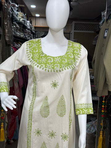 Off-White & Lime Green Printed Cotton Suit With Dupatta for Women