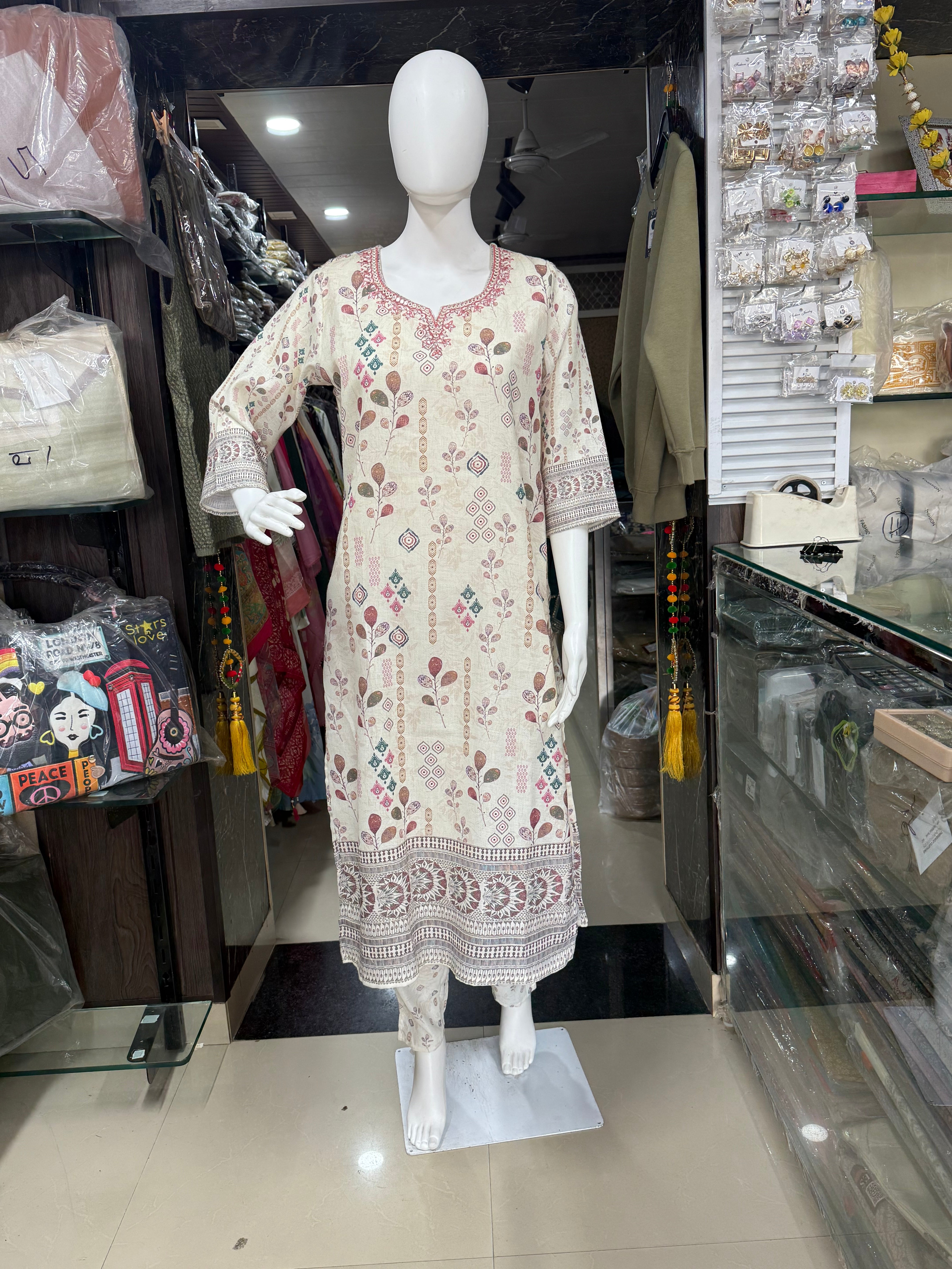 Off-White Printed Cotton Suit With Embroidery On Neckline